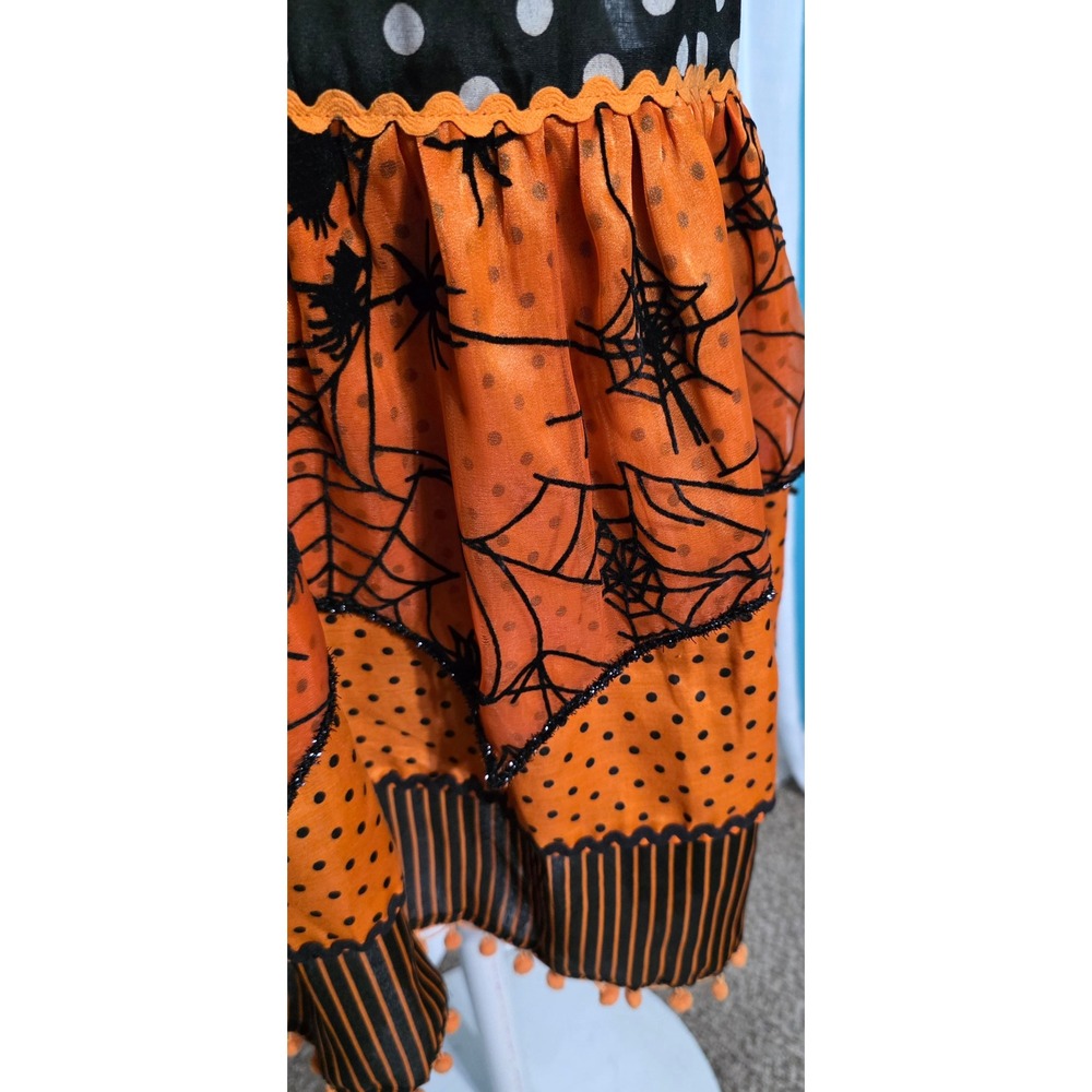Pier 1 Halloween Polka Dot Spider Web Ruffle Apron Orange Black Pom Pom Trim - Picture 2 of 5